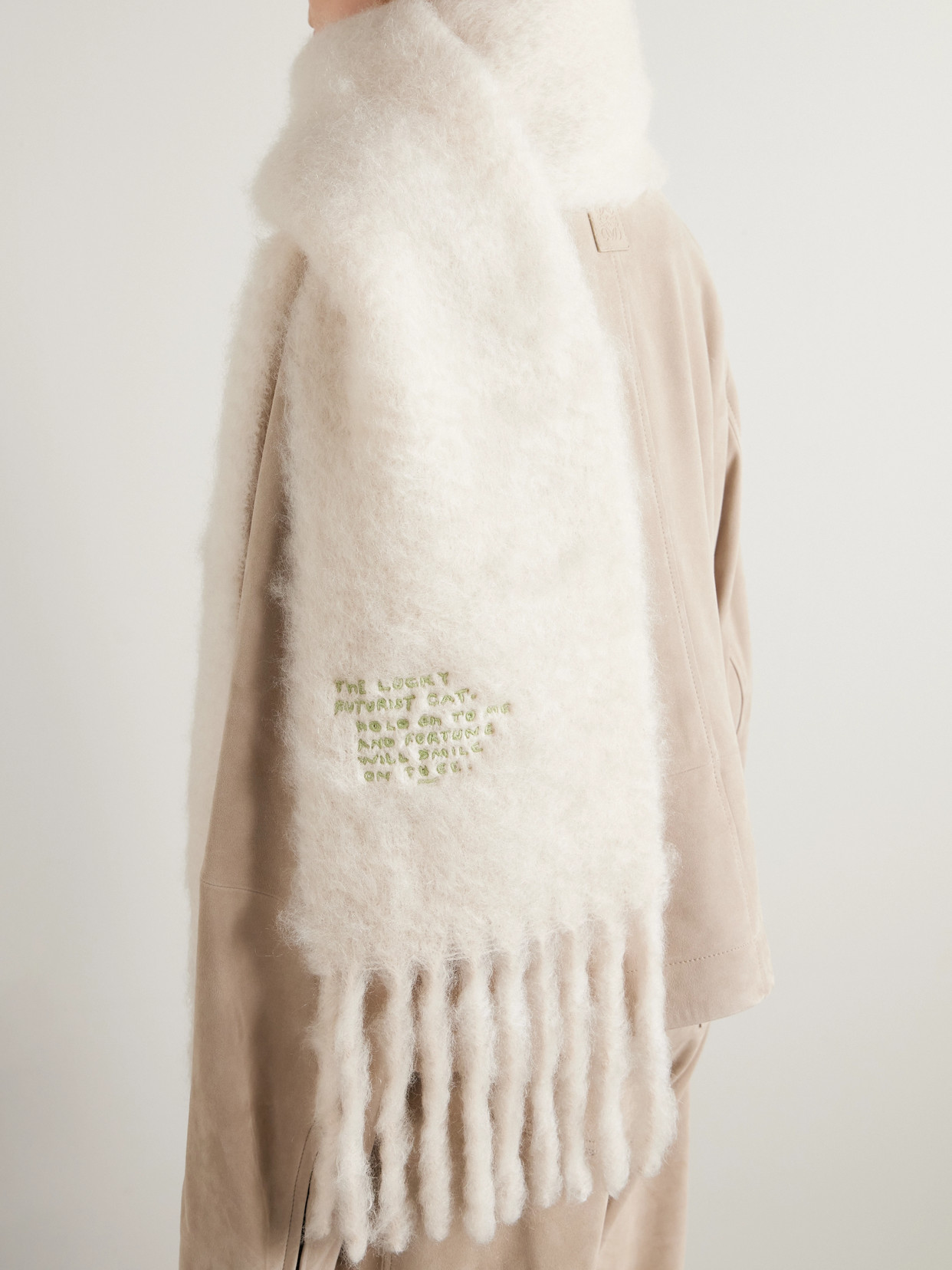 Loewe Appliquéd Embroidered Fringed Mohair-blend Scarf In White