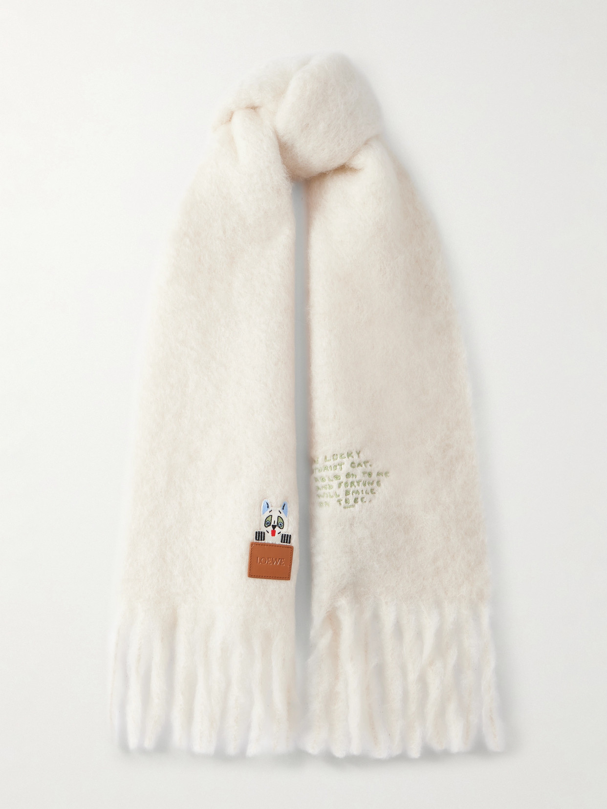 Loewe Appliquéd Embroidered Fringed Mohair-blend Scarf In White