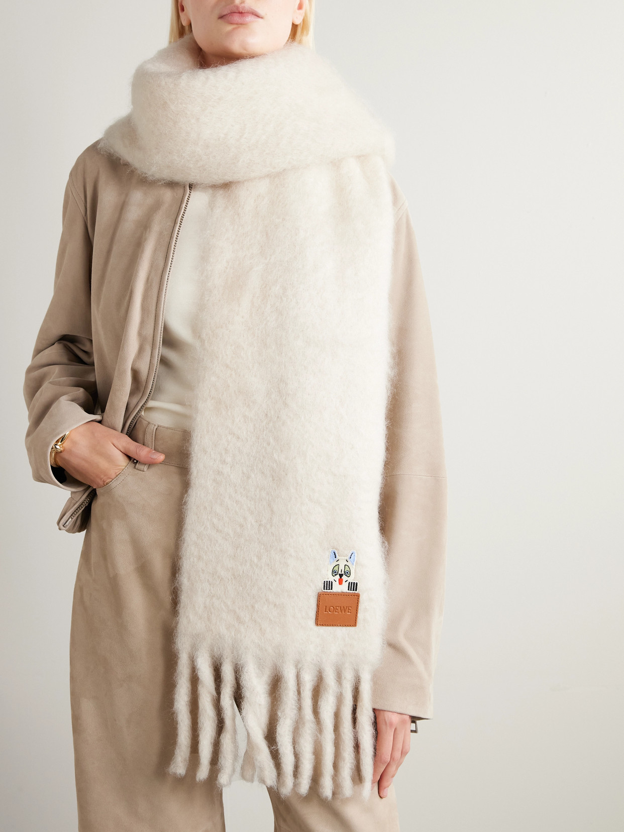 Loewe Appliquéd Embroidered Fringed Mohair-blend Scarf In White