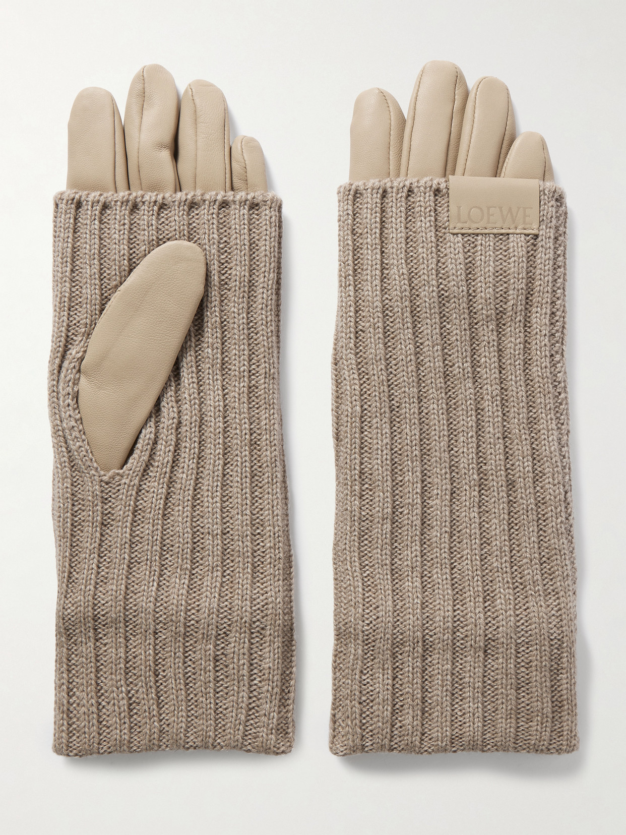 Loewe Leather And Ribbed Cashmere Gloves In Brown