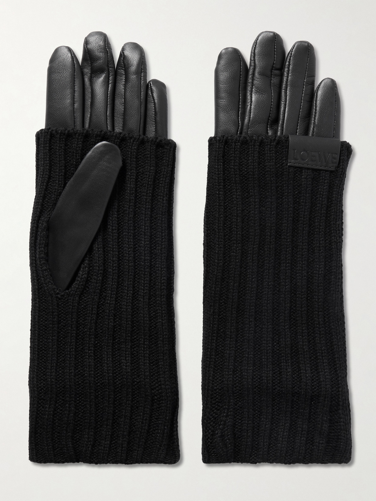 Loewe Leather-trimmed Ribbed Cashmere Gloves In Black