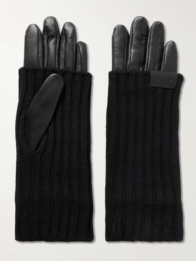 Loewe Leather-trimmed Ribbed Cashmere Gloves