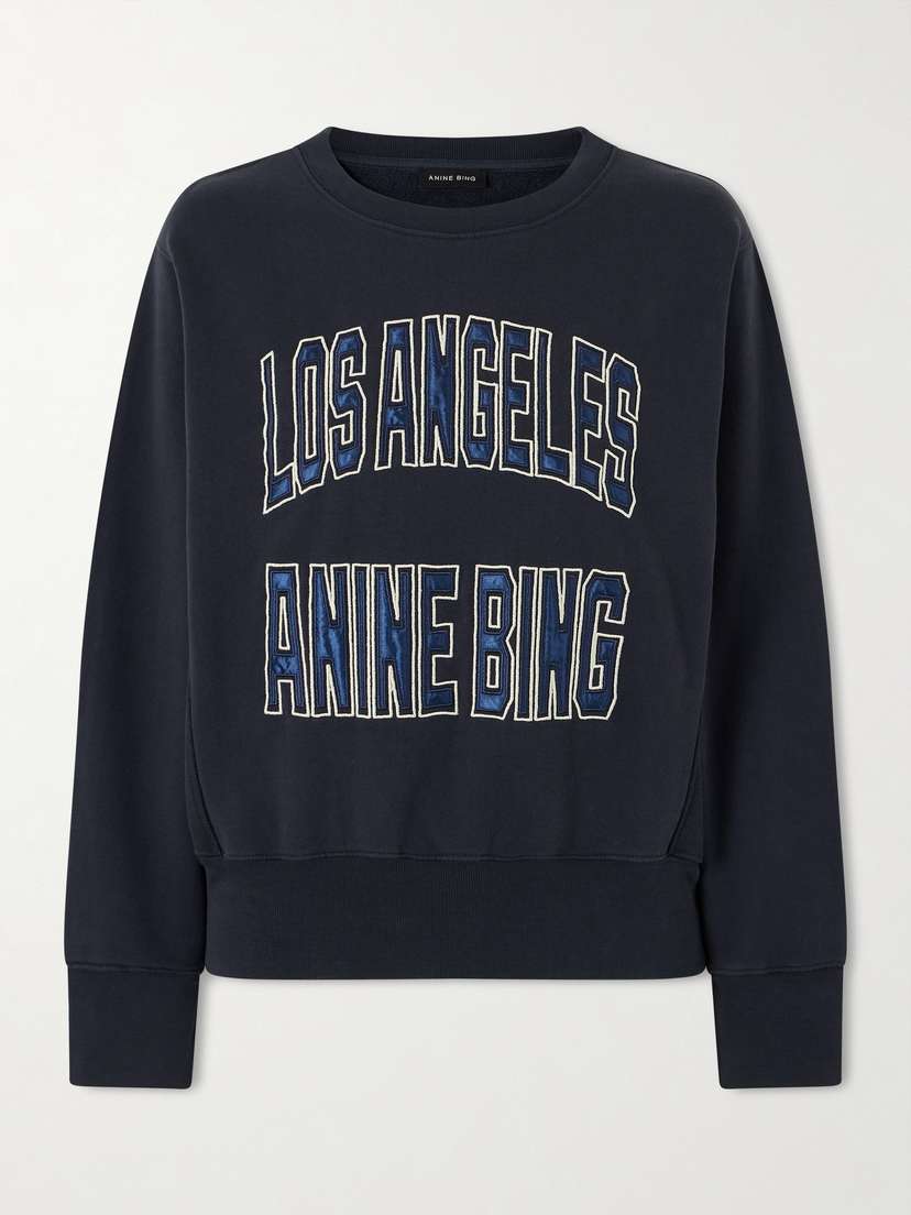 Anine Bing Harry Embroidered Appliquéd Cotton-jersey Sweatshirt