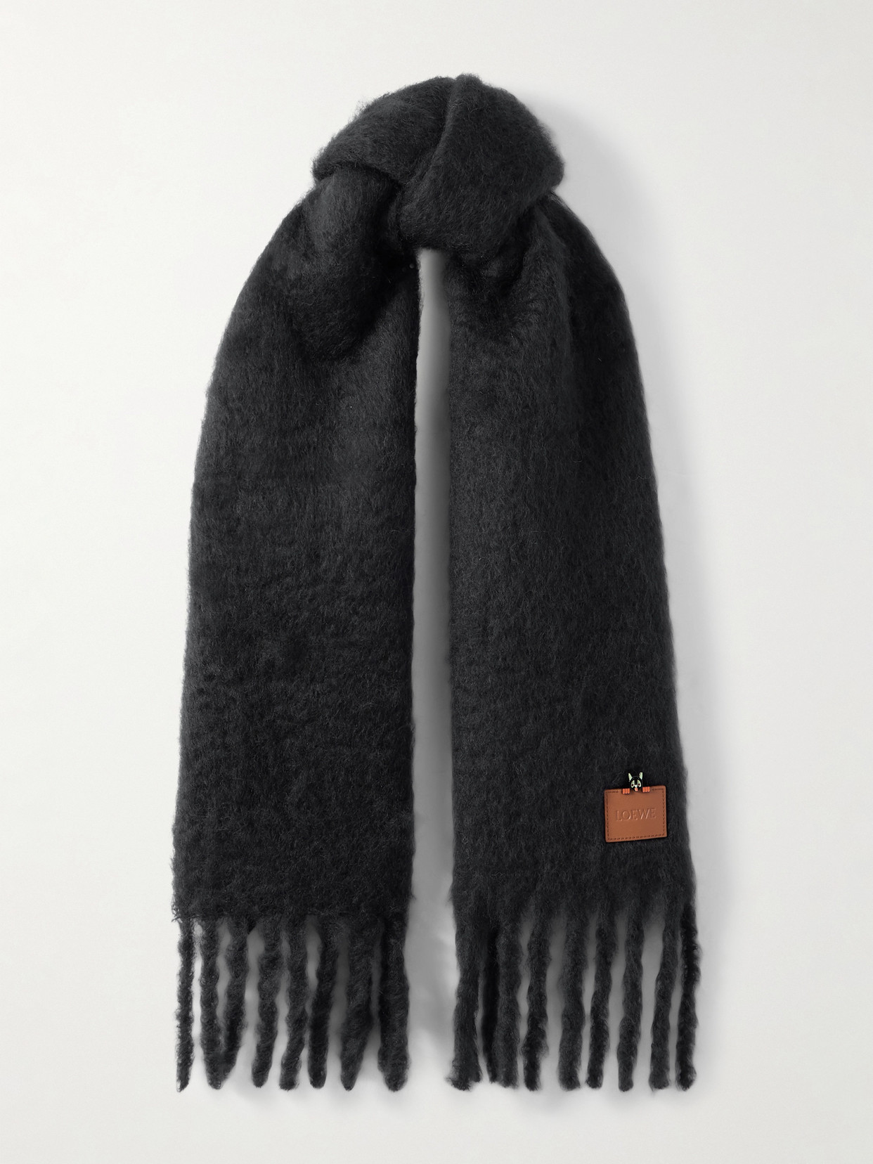 Loewe Appliquéd Embroidered Fringed Mohair-blend Scarf In Black