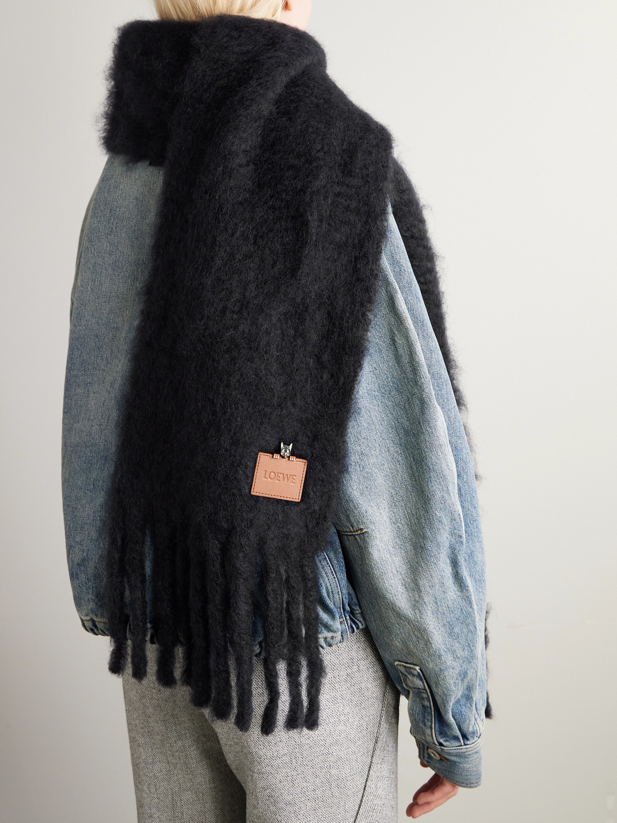 Loewe Appliquéd Embroidered Fringed Mohair-blend Scarf In Black