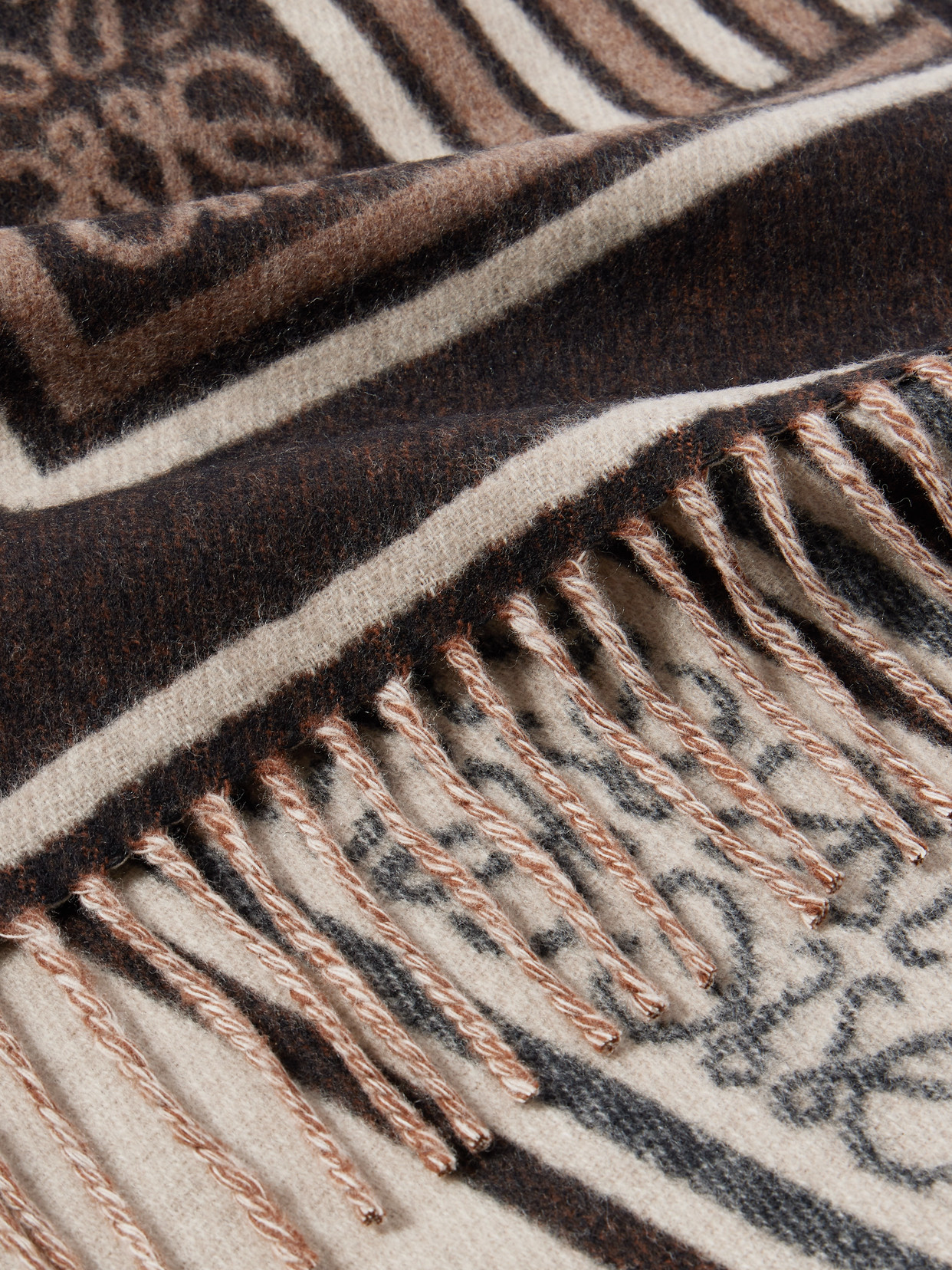 Loewe Fringed Wool And Cashmere-blend Jacquard Scarf In Brown