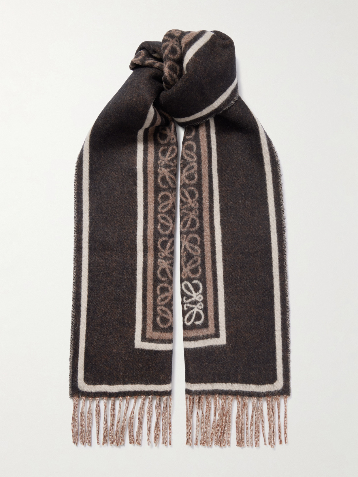 Loewe Fringed Wool And Cashmere-blend Jacquard Scarf In Brown