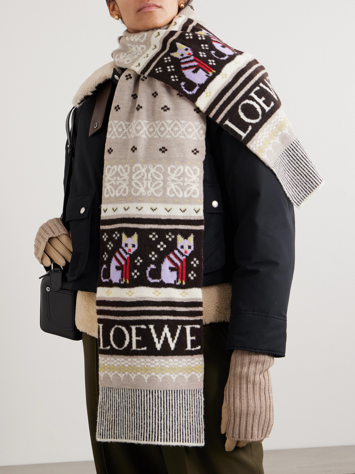 Loewe Intarsia-knit Wool-blend Scarf In Neutral