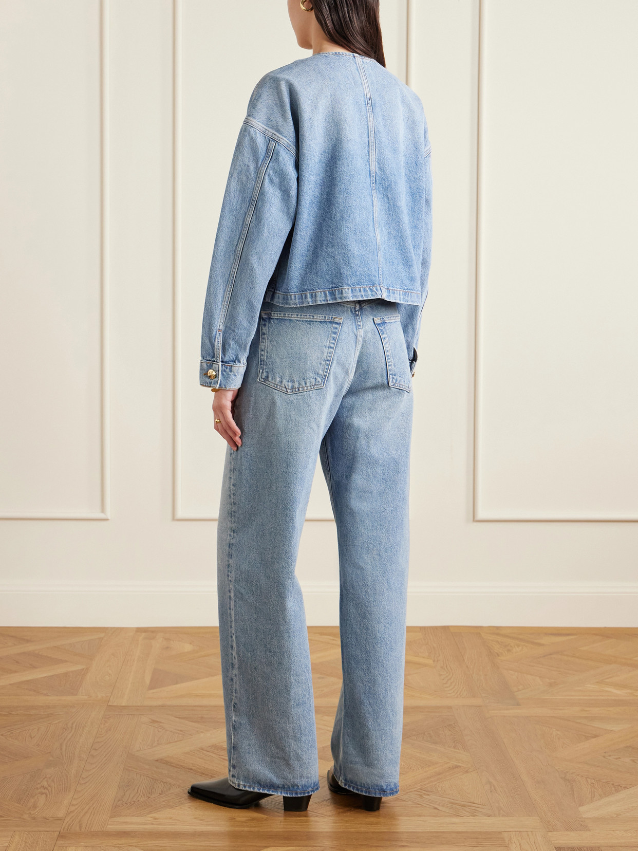 Anine Bing Blanchet Denim Jacket Round Neck Design In Blue