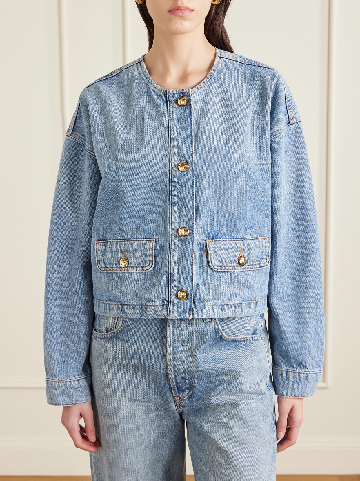 Anine Bing Blanchet Denim Jacket Round Neck Design In Blue