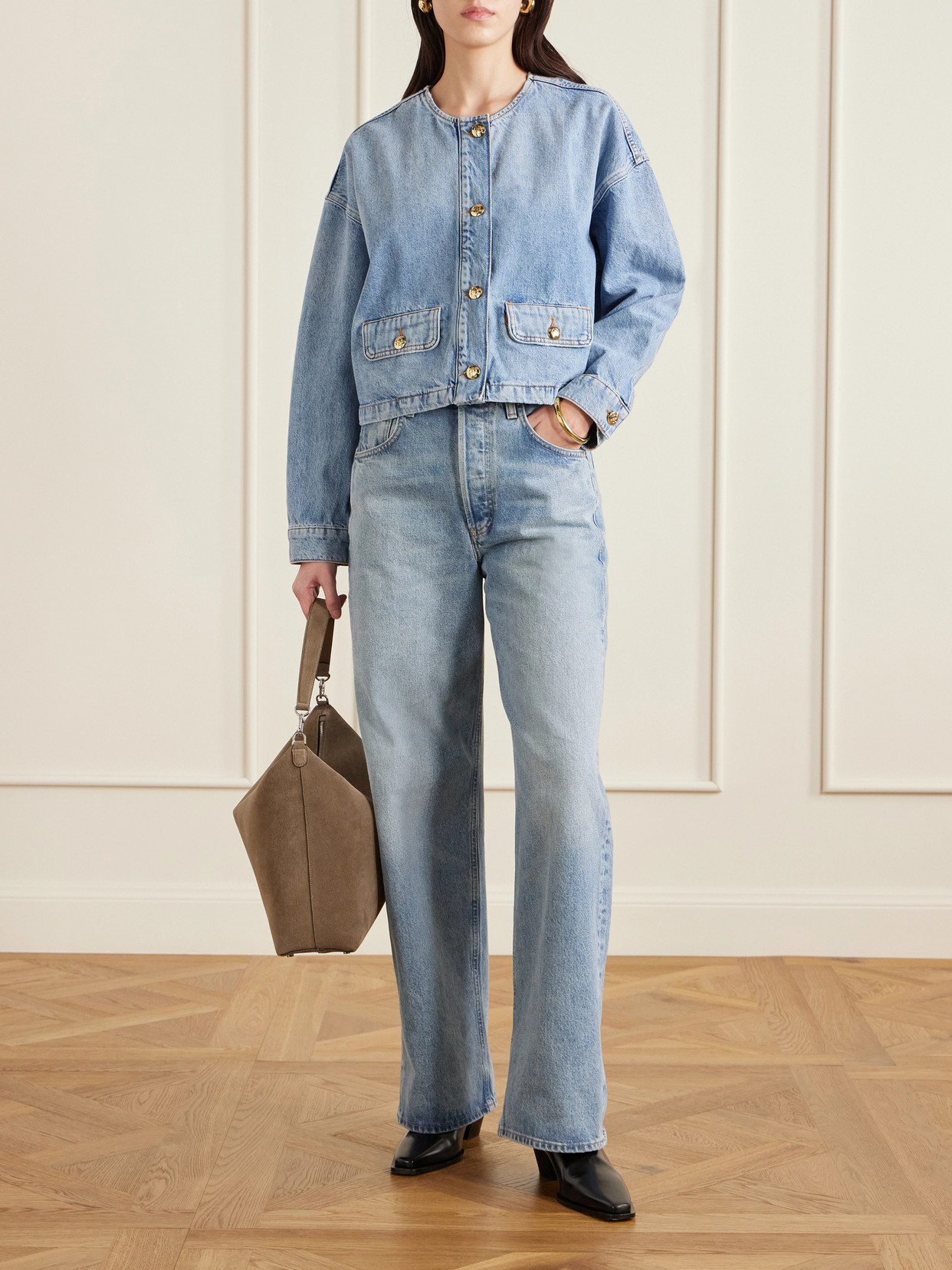 Anine Bing Blanchet Denim Jacket Round Neck Design In Blue