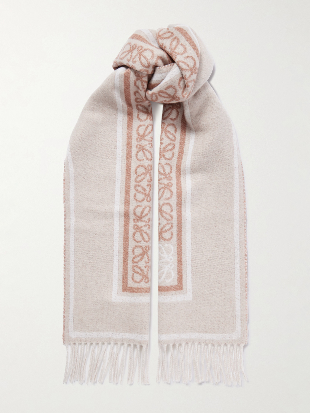 Loewe Fringed Wool And Cashmere-blend Jacquard Scarf In Neutral