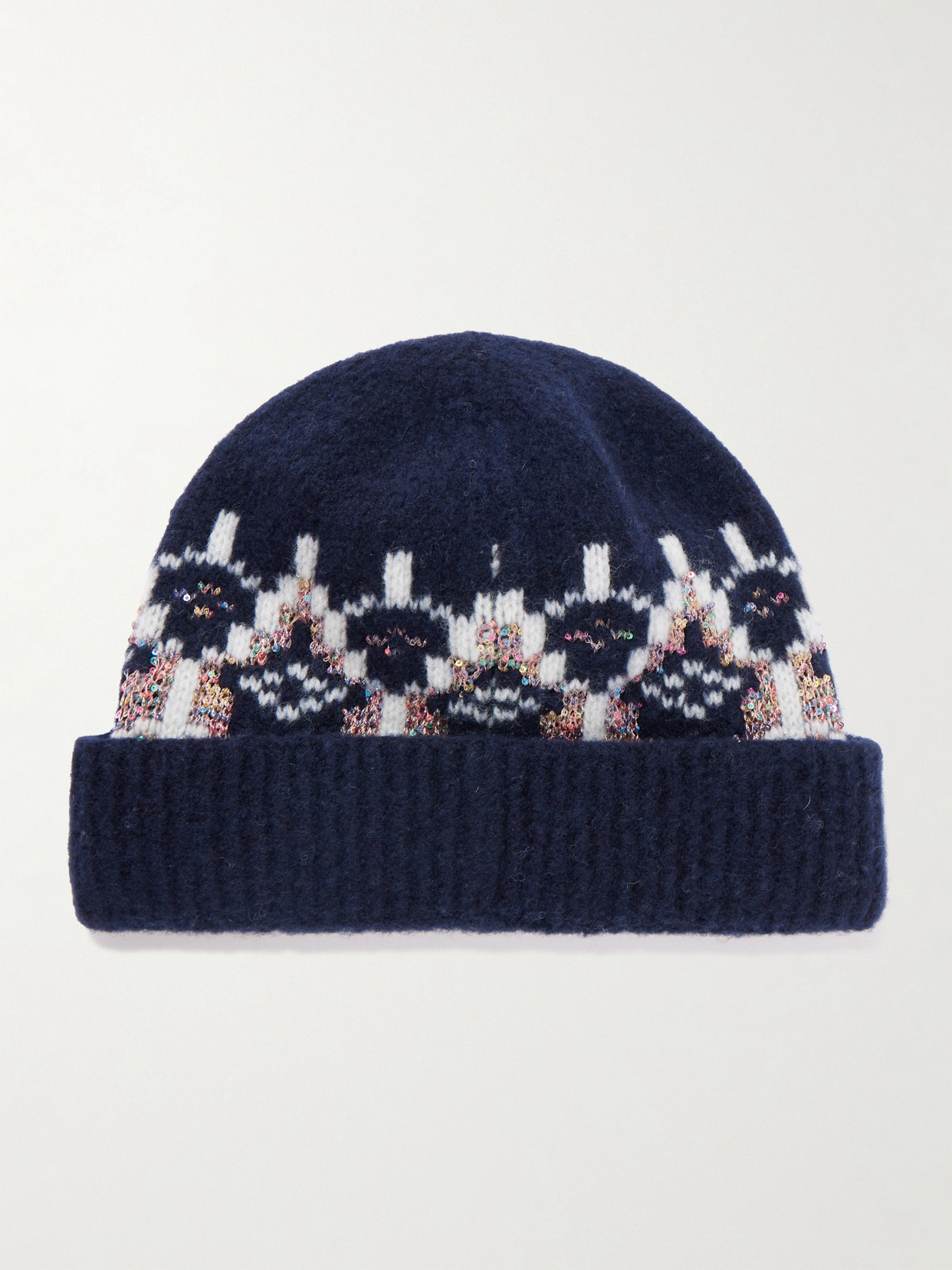 Loewe Sequin-embellished Fair Isle Wool-blend Beanie In Blue