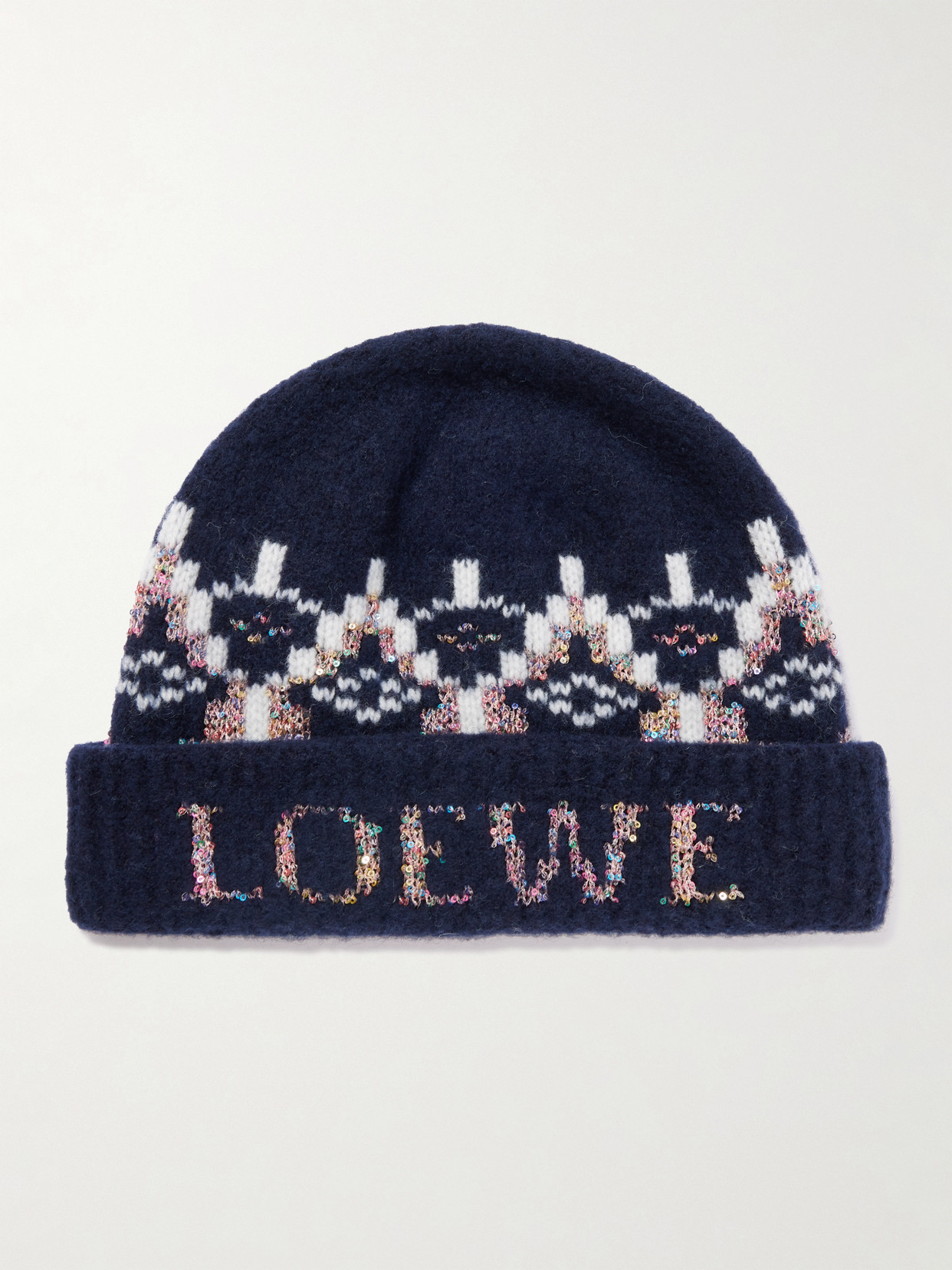 Loewe Sequin-embellished Fair Isle Wool-blend Beanie In Blue
