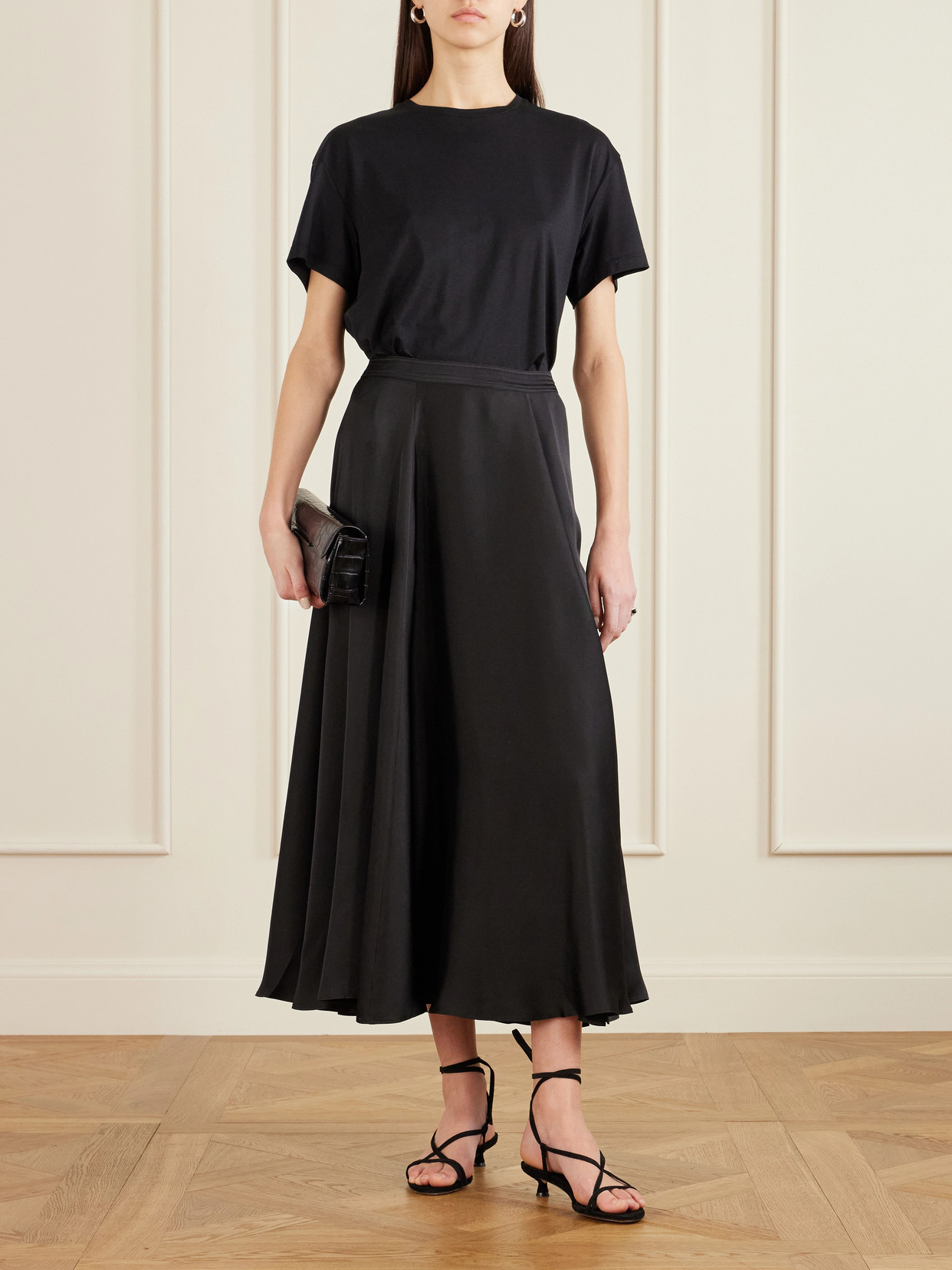 Anine Bing Christina Silk-blend Satin Midi Skirt In Black