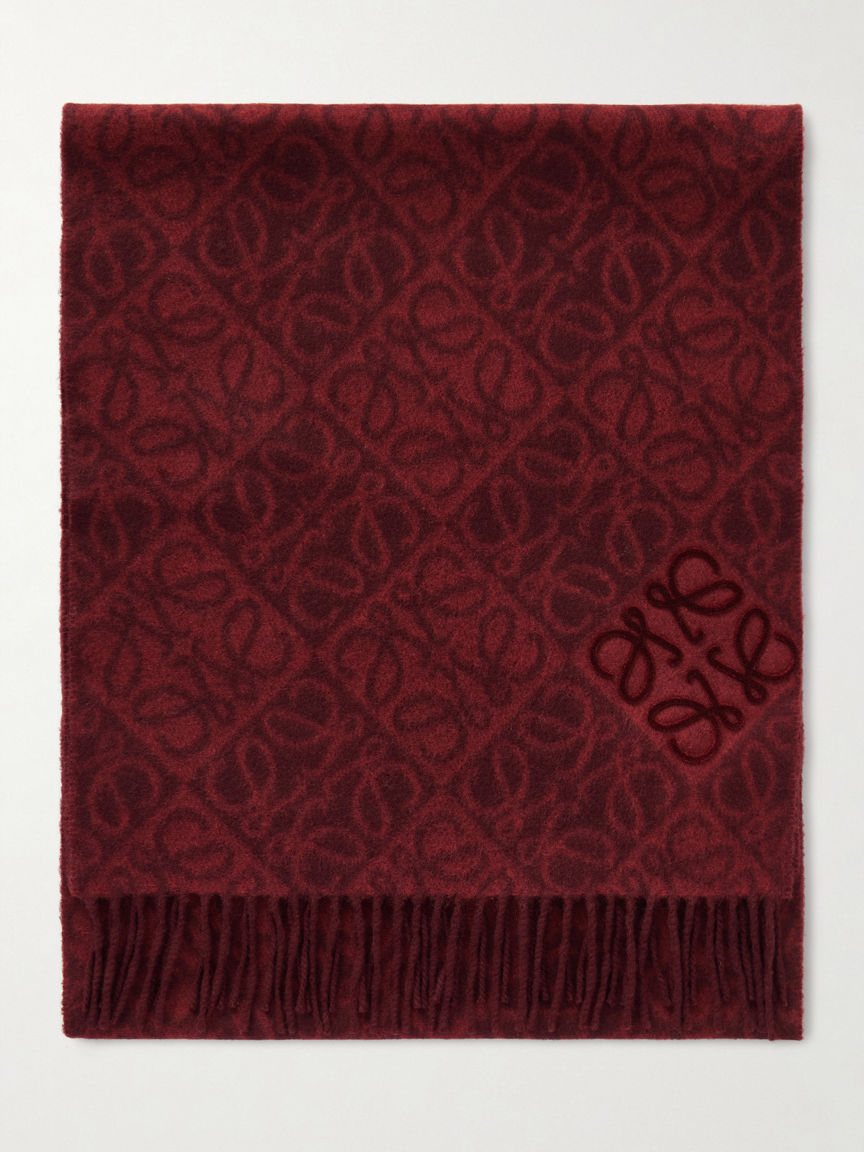 Loewe Fringed Wool And Cashmere-blend Jacquard Scarf In Burgundy