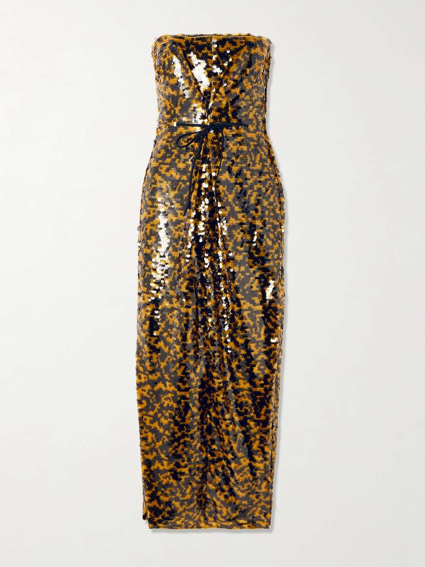 Staud Cece Strapless Tie-detailed Sequined Tulle Midi Dress