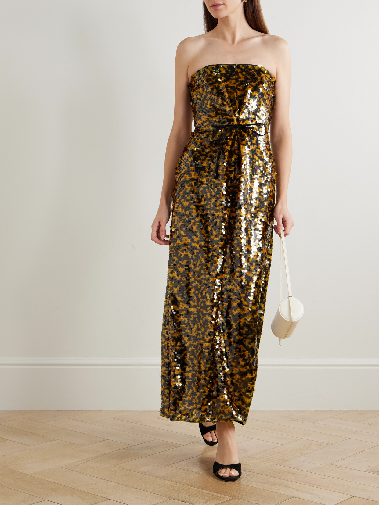 Staud Cece Strapless Tie-detailed Sequined Tulle Midi Dress In Green