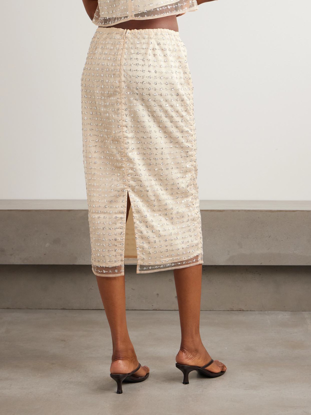 Staud Ciara Layered Embellished Tulle Midi Skirt In White