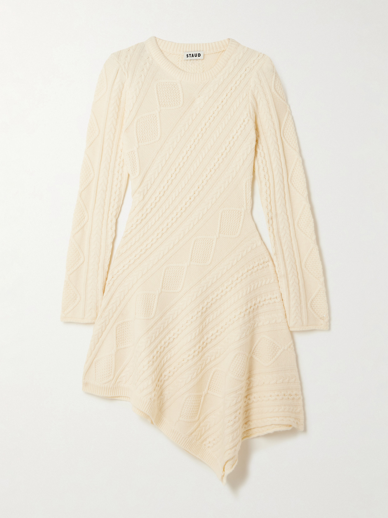 Staud Eva Asymmetric Cable-knit Wool-blend Dress In White