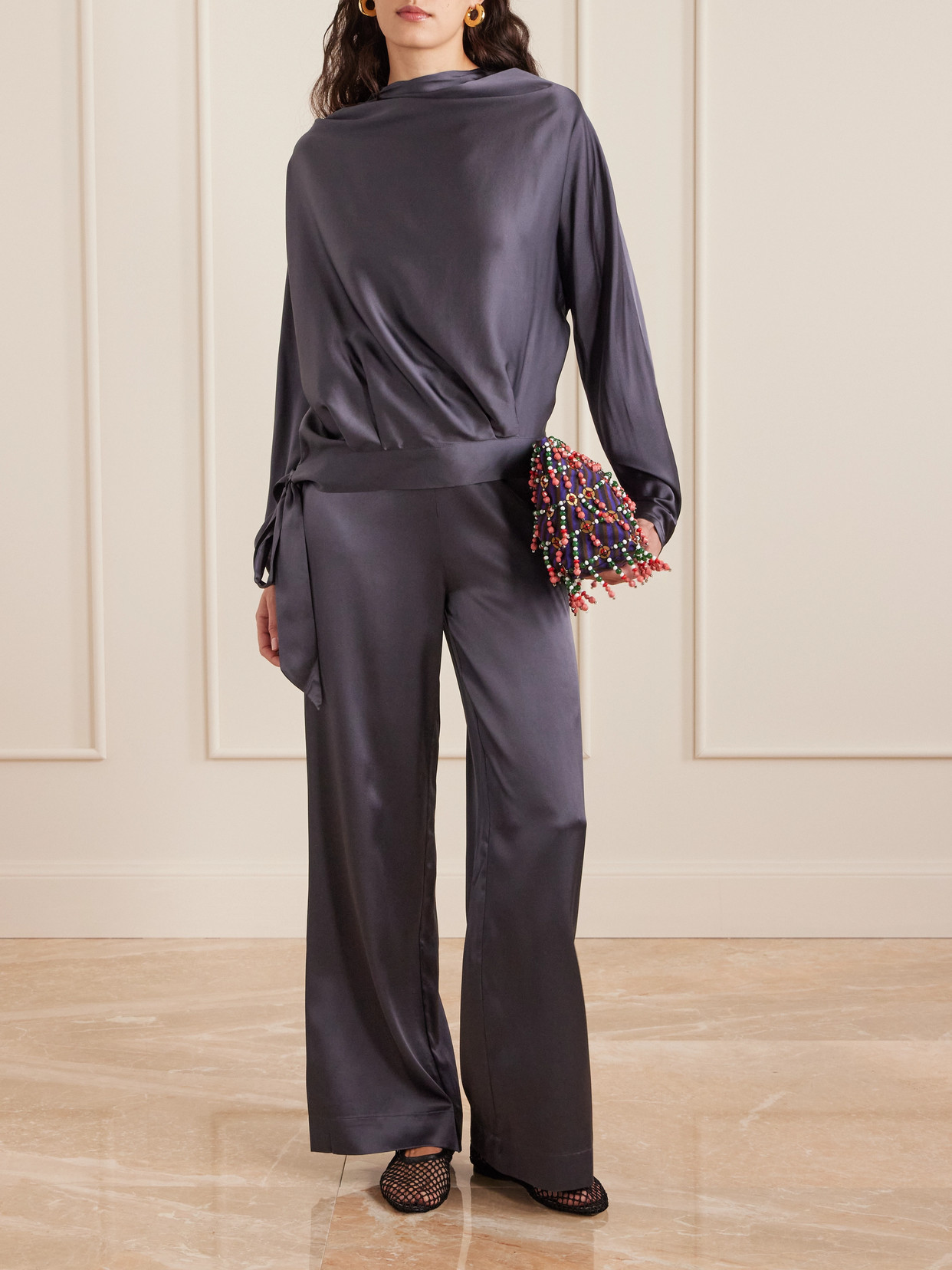 Staud Stroll Silk-blend Satin Wide-leg Pants In Blue