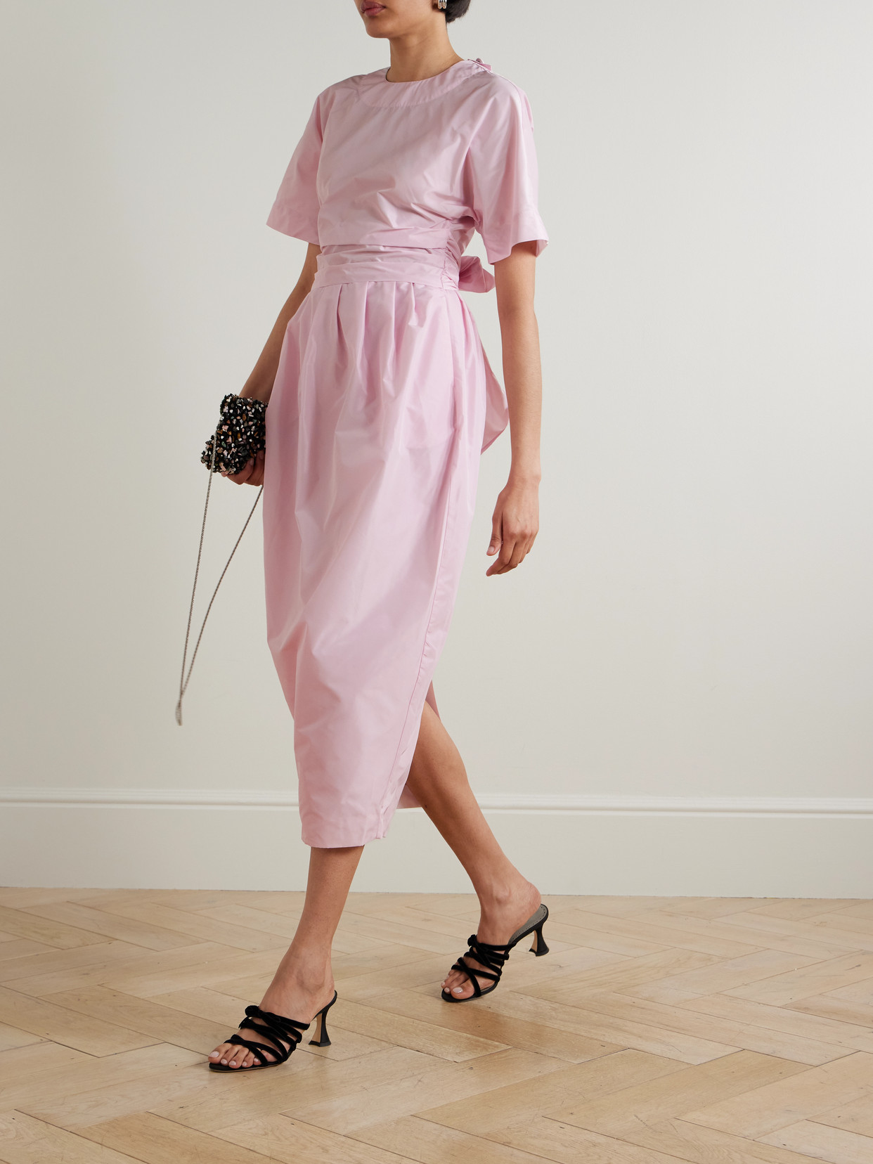 Staud Michelina Tie-detailed Taffeta Midi Dress In Pink