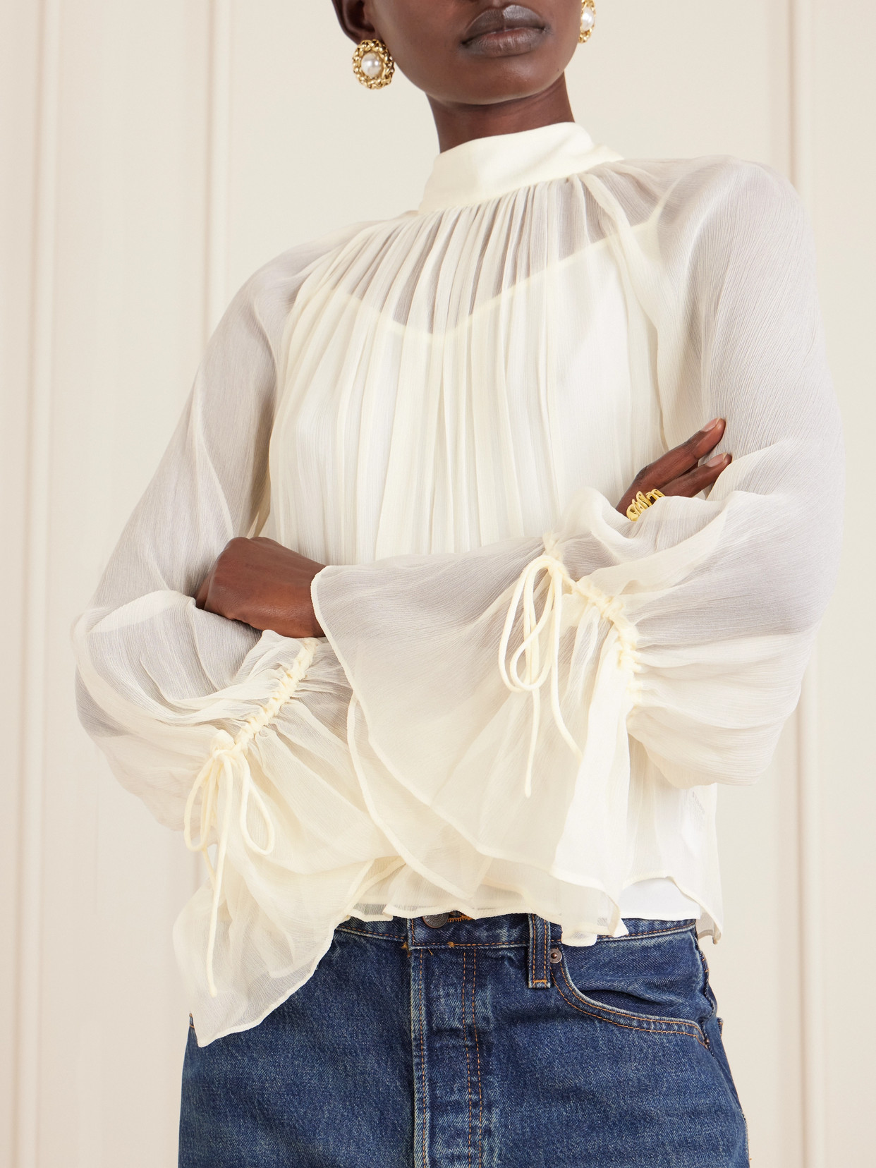 Staud Roux Gathered Chiffon Blouse In Neutral