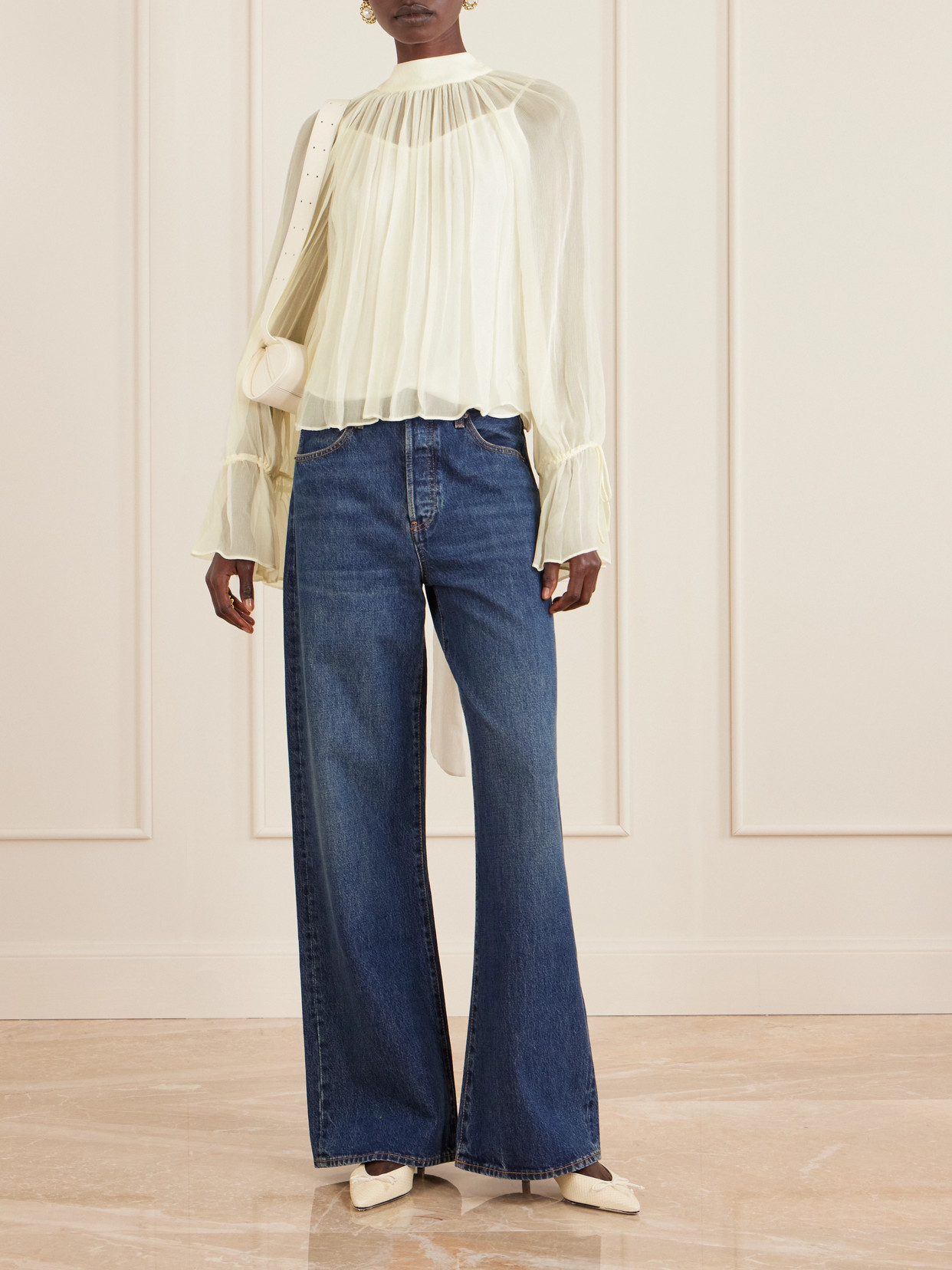 Staud Roux Gathered Chiffon Blouse In Neutral