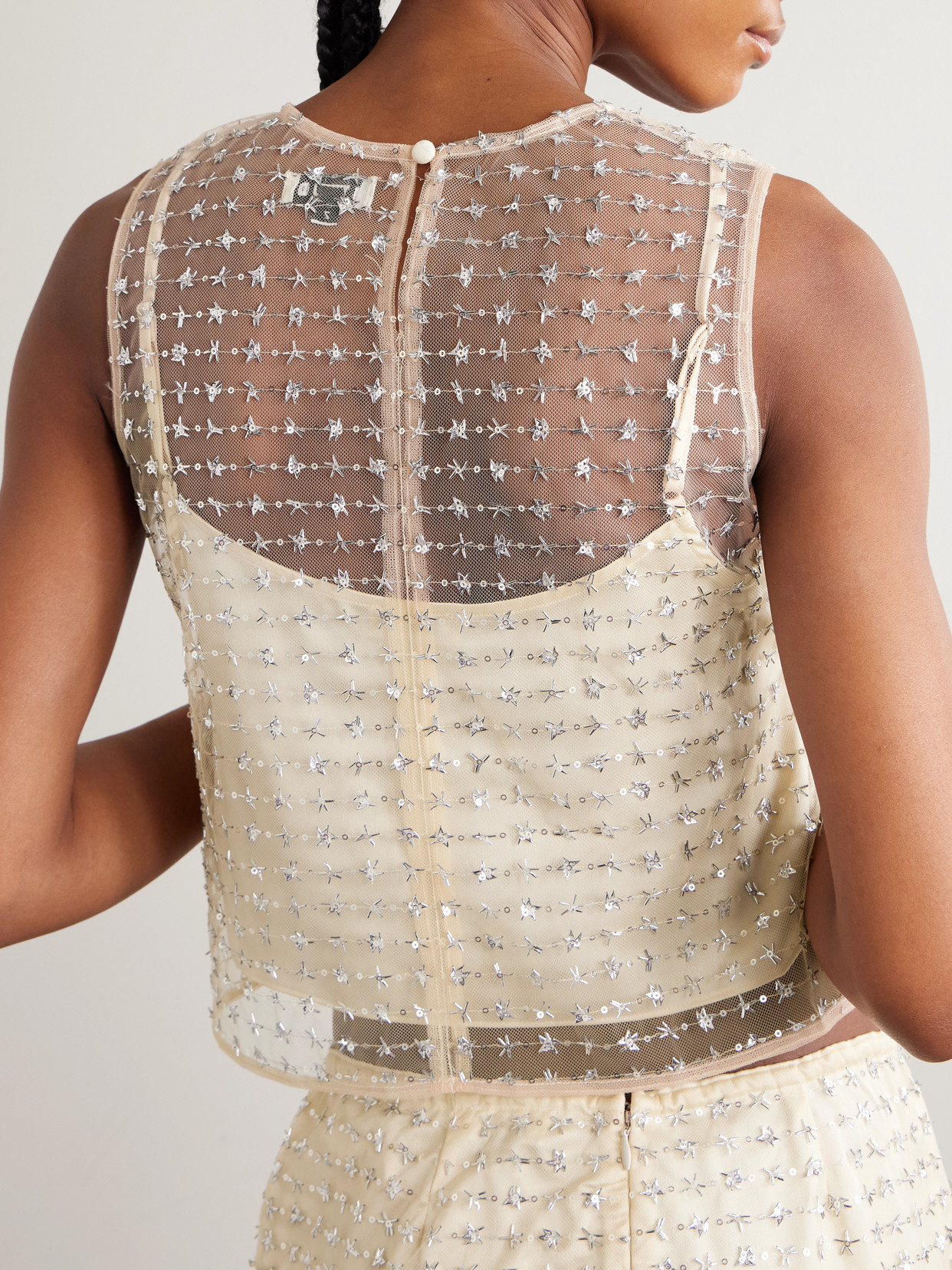 Staud Seraphina Cropped Layered Embellished Tulle Top In White