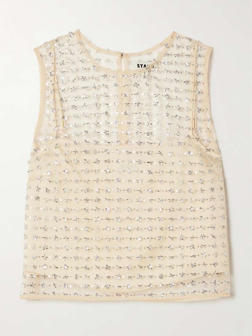 Staud Seraphina Cropped Layered Embellished Tulle Top