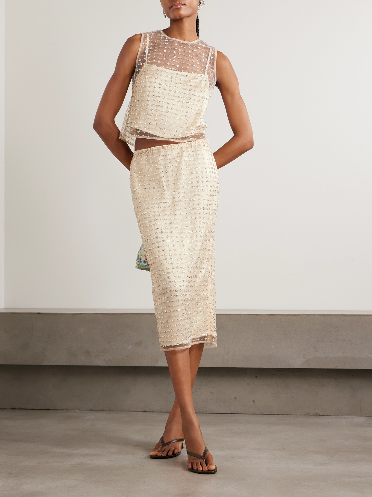 Staud Seraphina Cropped Layered Embellished Tulle Top In White