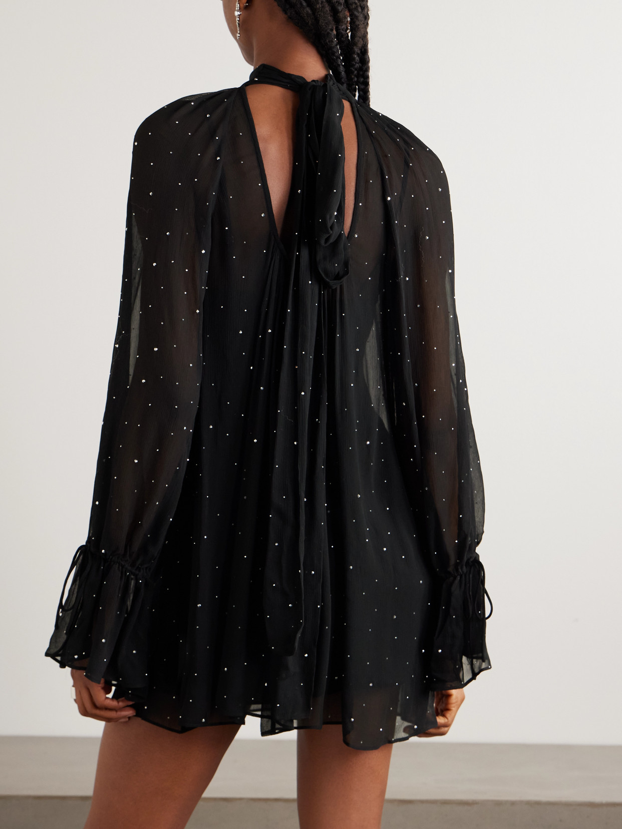 Staud Roux Crystal-embellished Gathered Crepon Mini Dress In Black