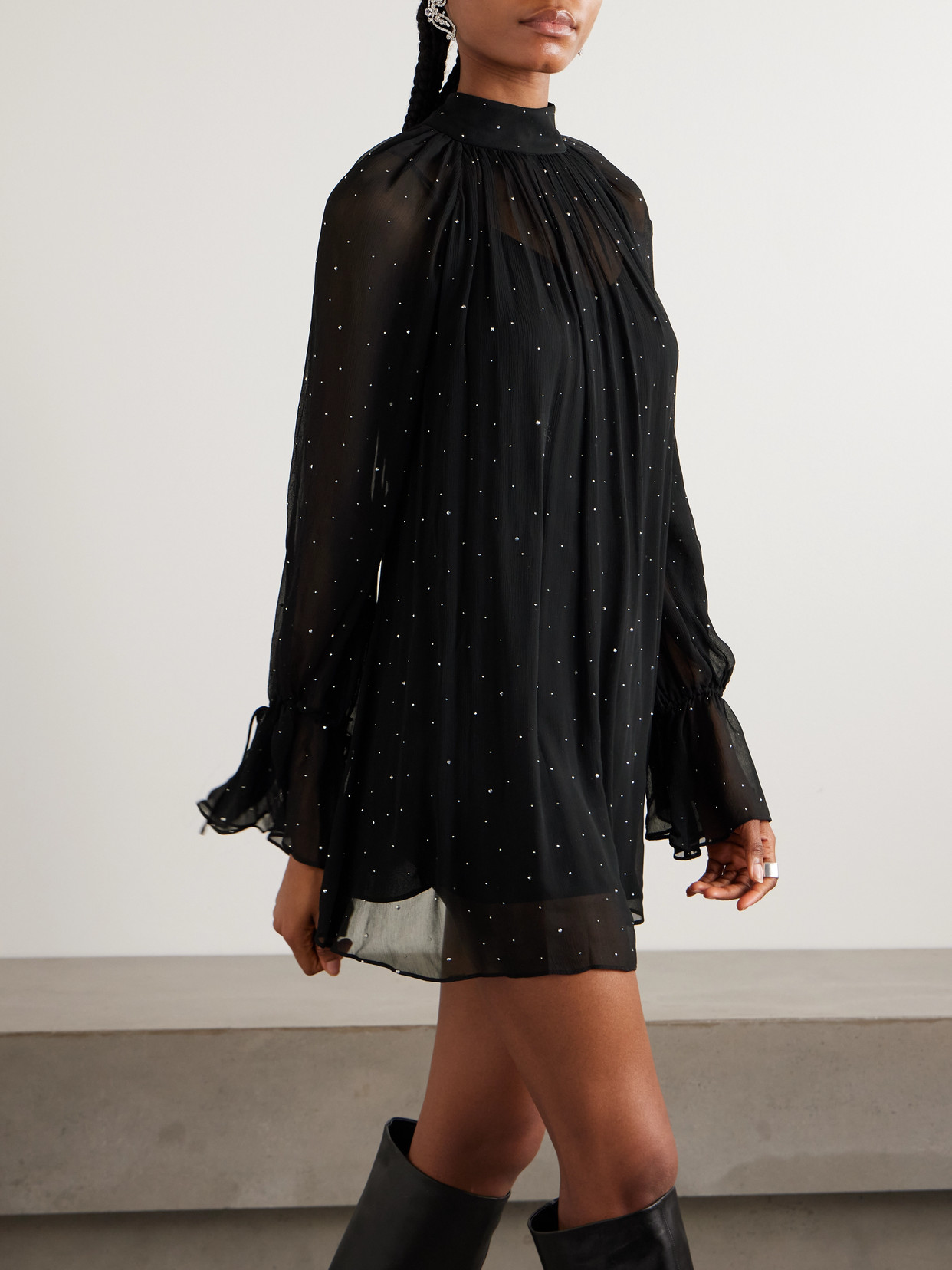 Staud Roux Crystal-embellished Gathered Crepon Mini Dress In Black
