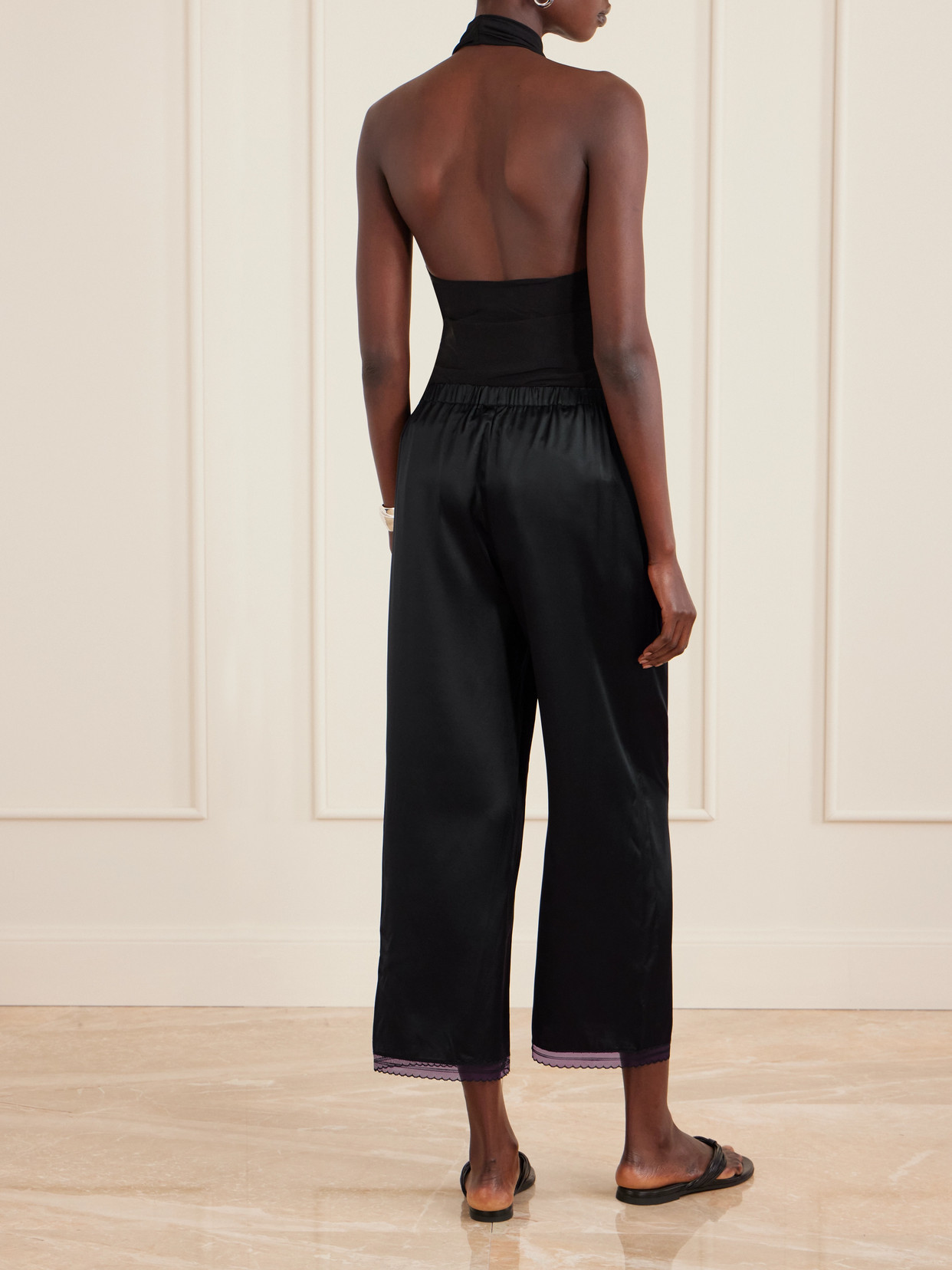 Staud Kirby Cropped Lace-trimmed Silk-blend Satin Wide-leg Pants In Black