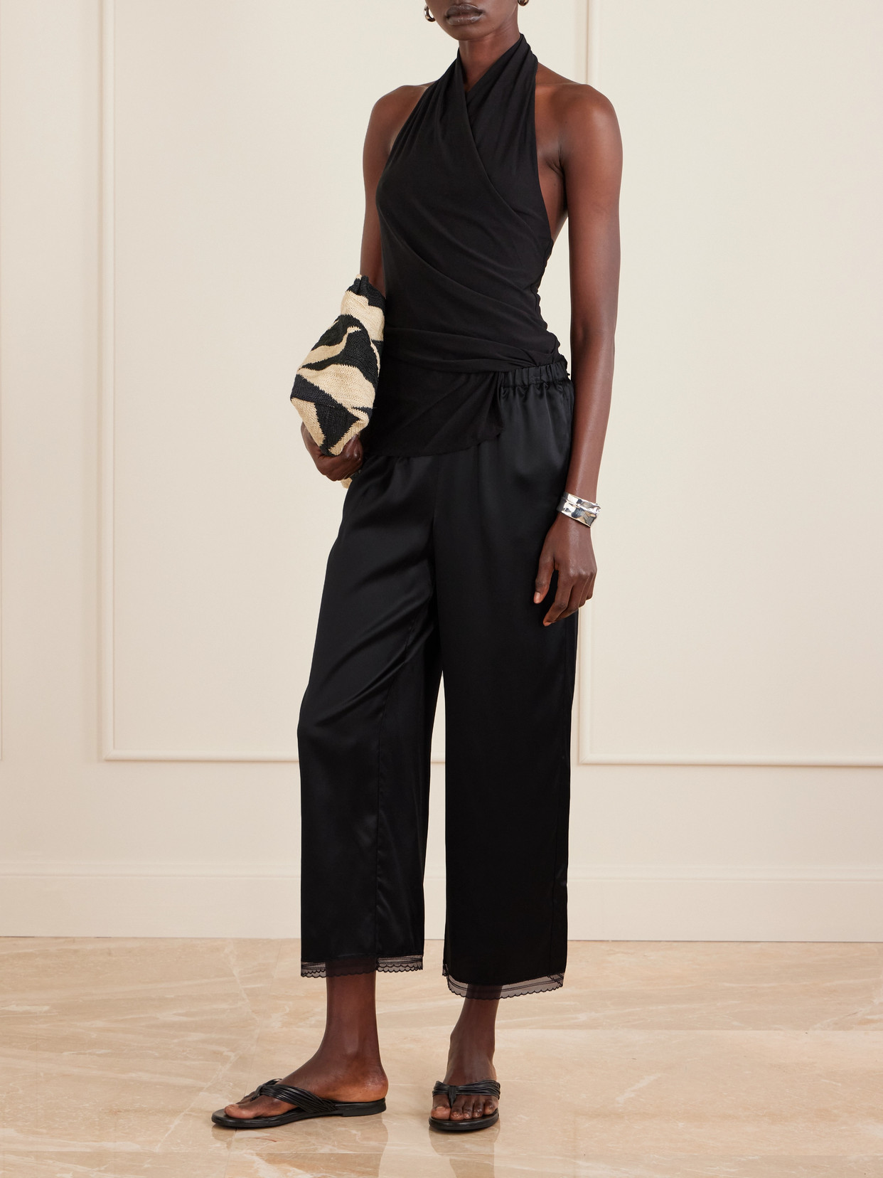 Staud Kirby Cropped Lace-trimmed Silk-blend Satin Wide-leg Pants In Black