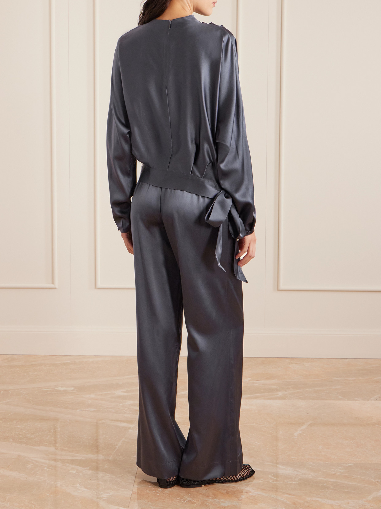 Staud Phoebe Draped Silk-blend Satin Blouse In Gray