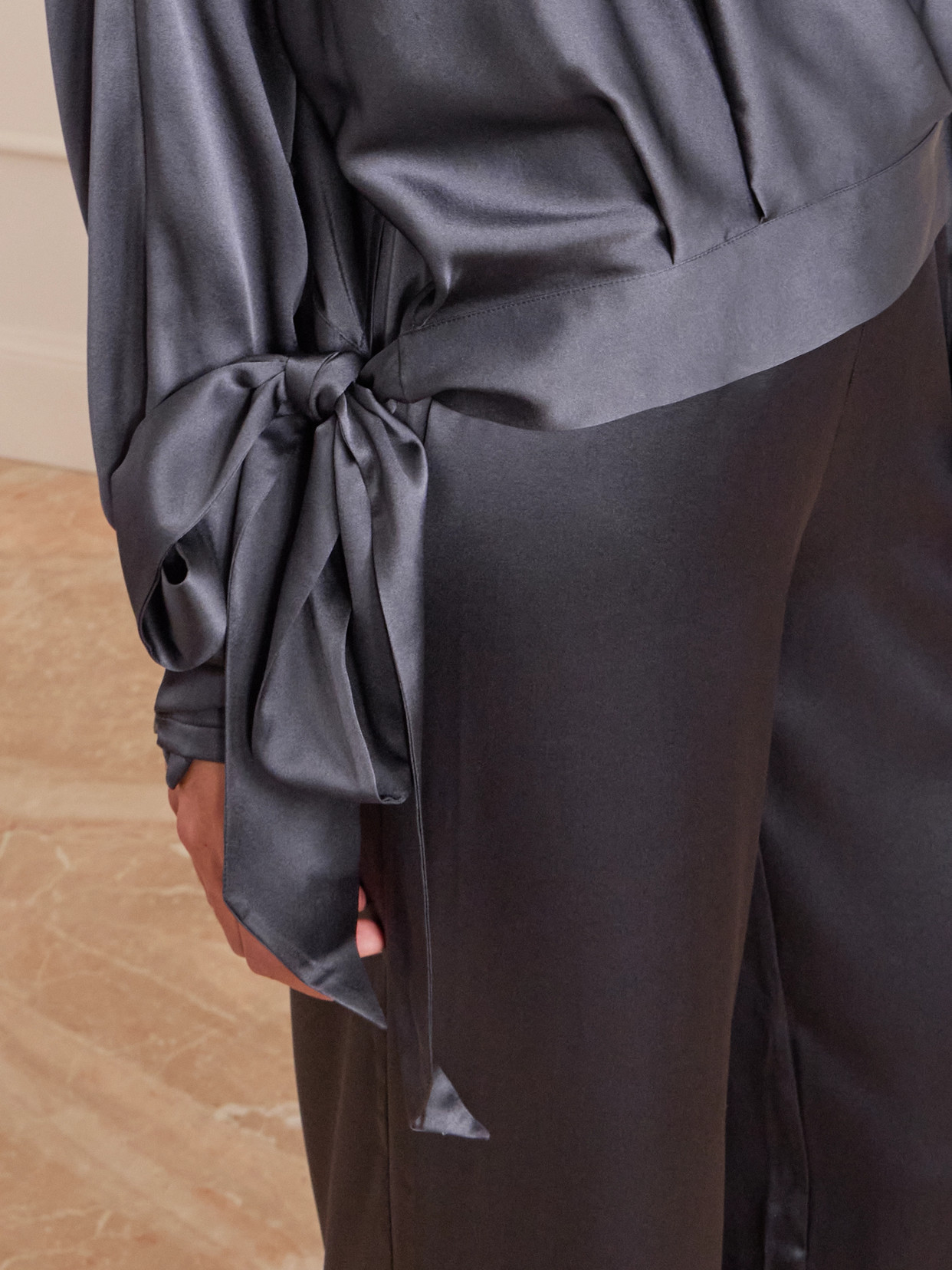 Staud Phoebe Draped Silk-blend Satin Blouse In Gray