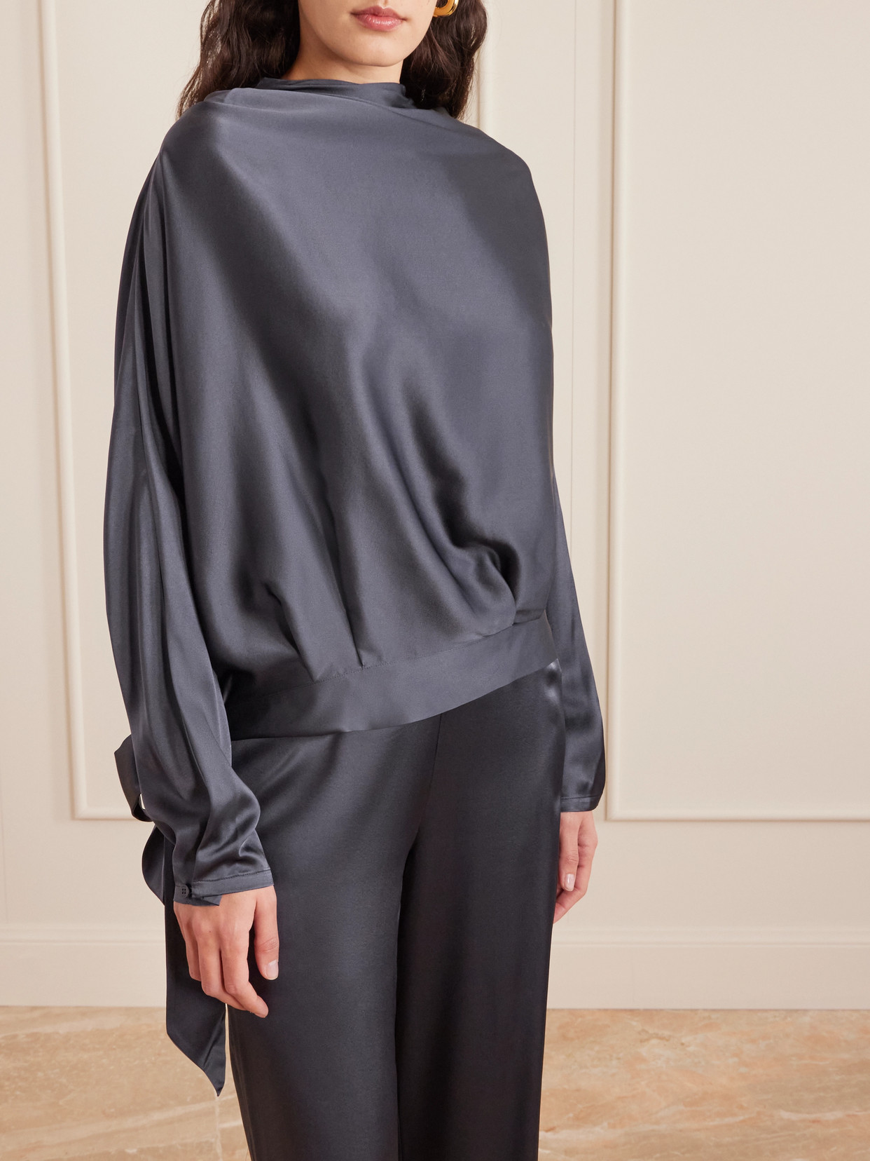 Staud Phoebe Draped Silk-blend Satin Blouse In Gray