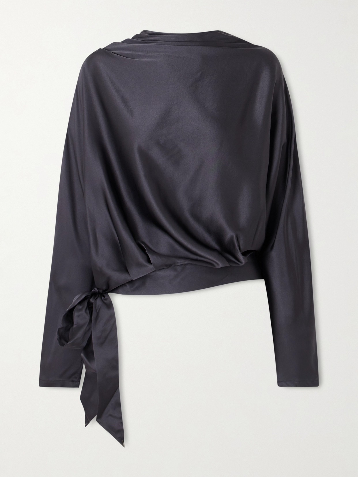 Staud Phoebe Draped Silk-blend Satin Blouse In Gray