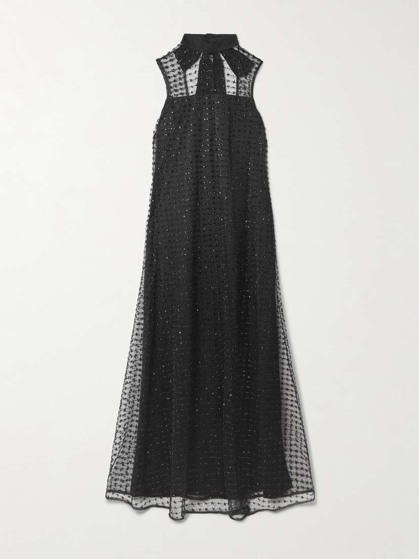Staud Albee Embellished Tie-detailed Faille-trimmed Tulle Maxi Dress