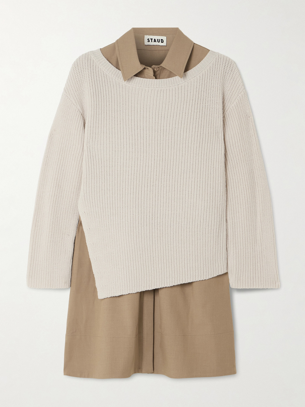 Staud Dane Layered Twill And Wool-blend Mini Dress In Neutral