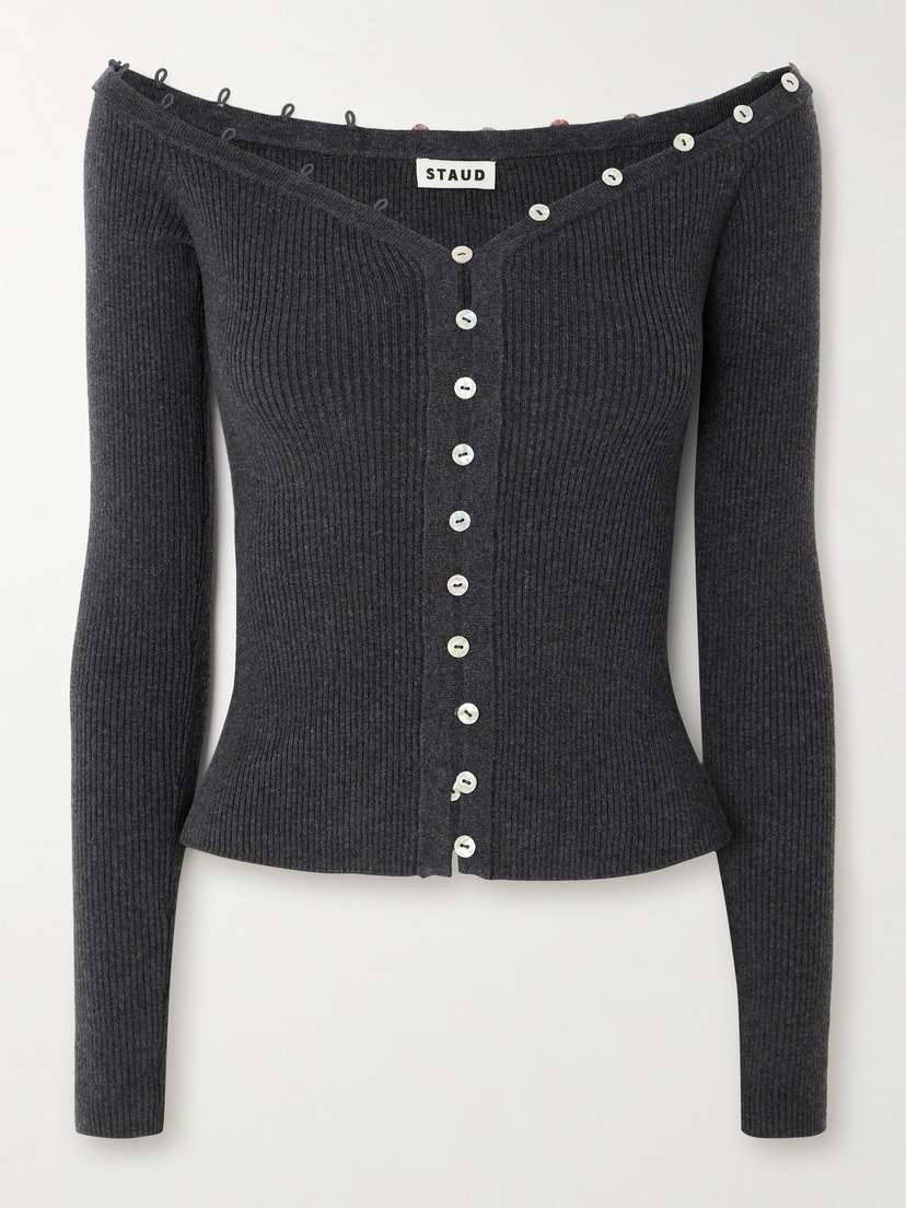 Staud Keaton Off-the-shoulder Ribbed Cotton And Wool-blend Cardigan