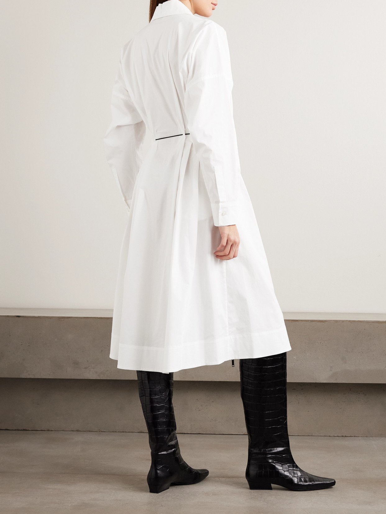 Staud Chi Belted Pleated Cotton-blend Poplin Midi Dress In White