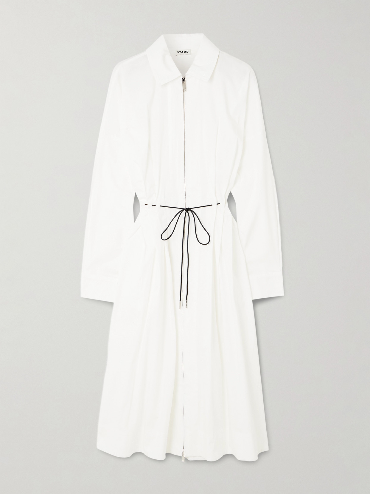 Staud Chi Belted Pleated Cotton-blend Poplin Midi Dress In White