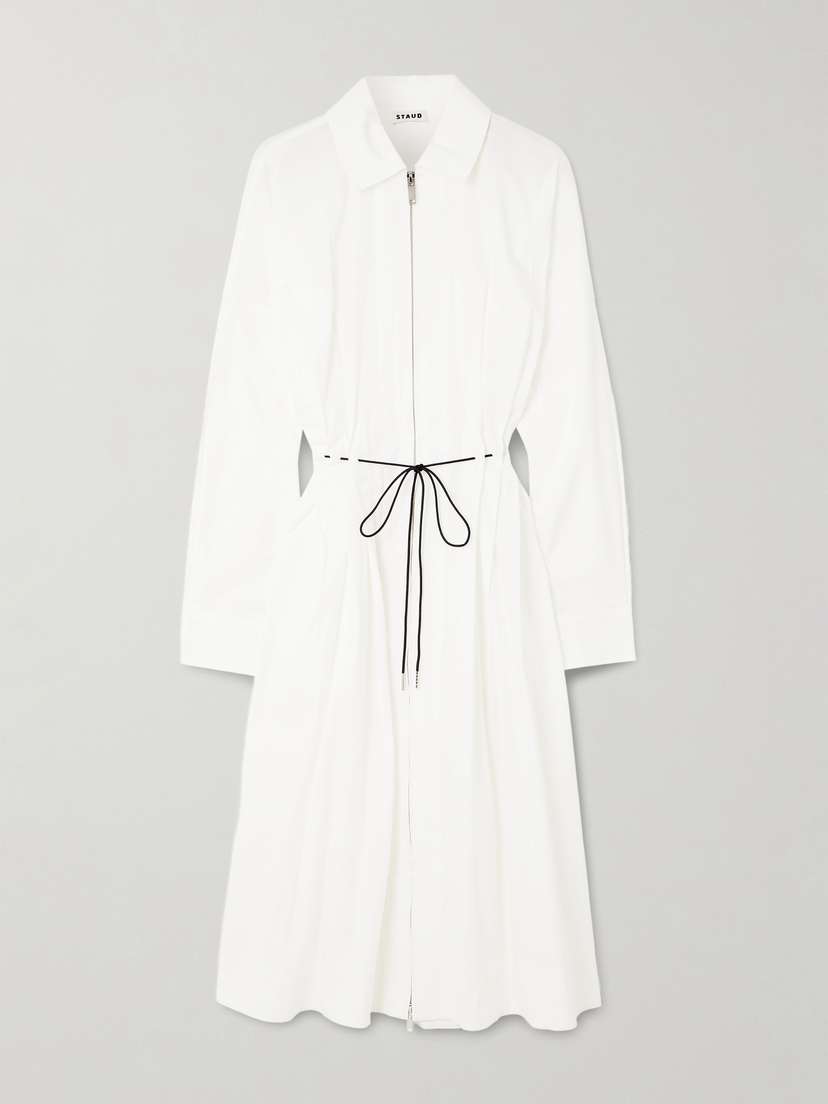 Staud Chi Belted Pleated Cotton-blend Poplin Midi Dress