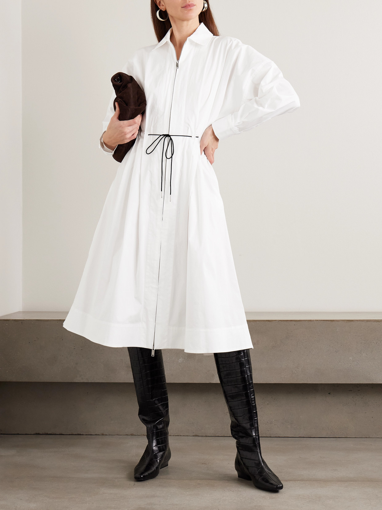Staud Chi Belted Pleated Cotton-blend Poplin Midi Dress In White