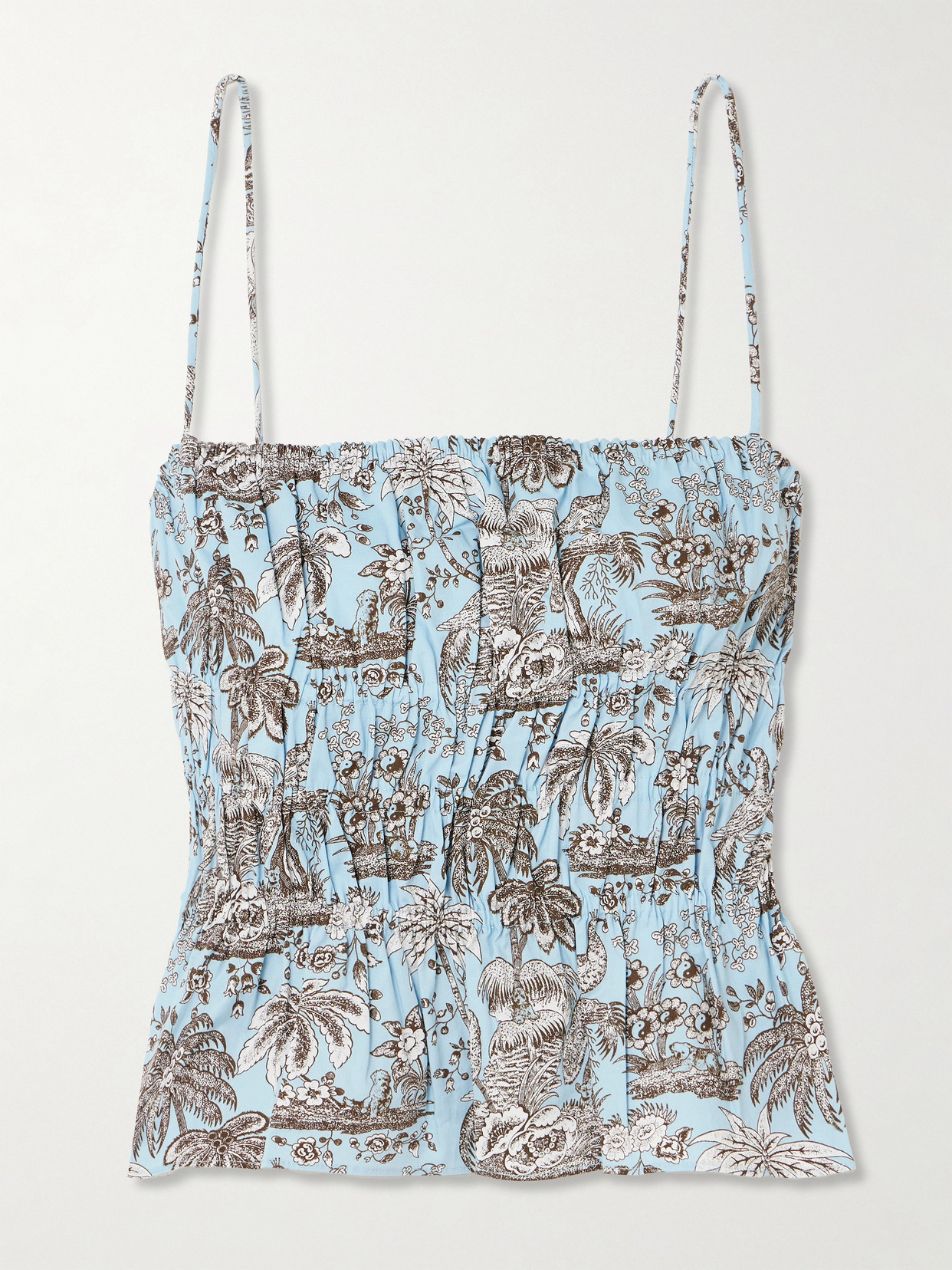 Staud Ayla Cropped Shirred Printed Cotton-blend Top In Blue