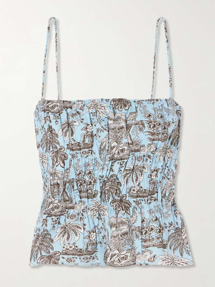 Staud Ayla Cropped Shirred Printed Cotton-blend Top