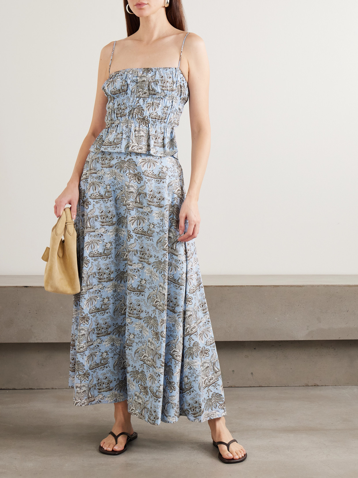 Ayla Cropped Shirred Printed Cotton-Blend Top