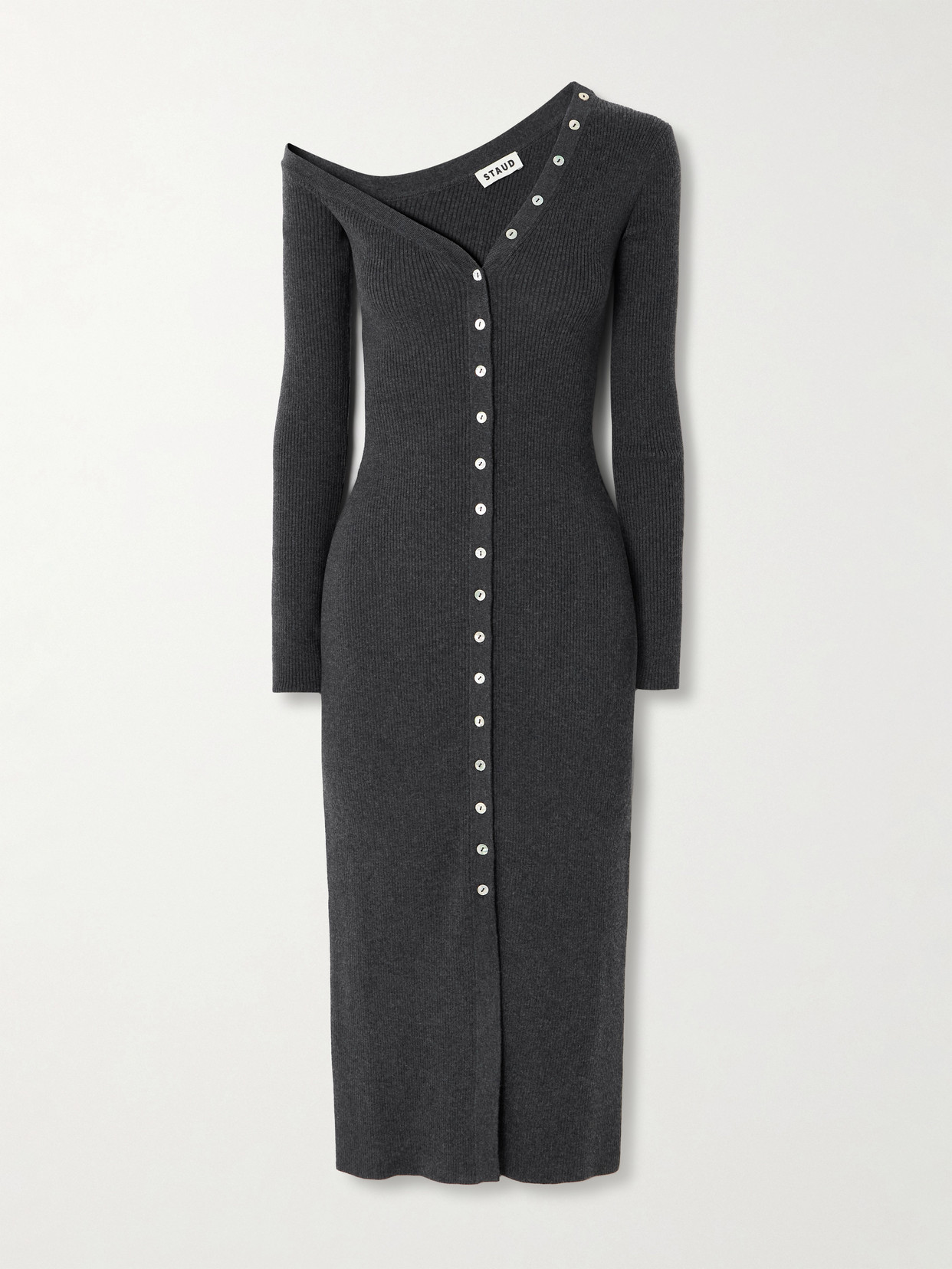 Staud Craftsman Off-the-shoulder Ribbed Cotton And Wool-blend Midi Dress In Gray